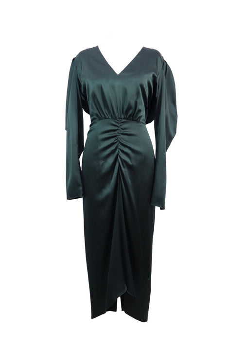 Veronica Beard emerald green satin maxi dress with long sleeves, deep V-neckline, ruched waist detail, and flowing full-length skirt