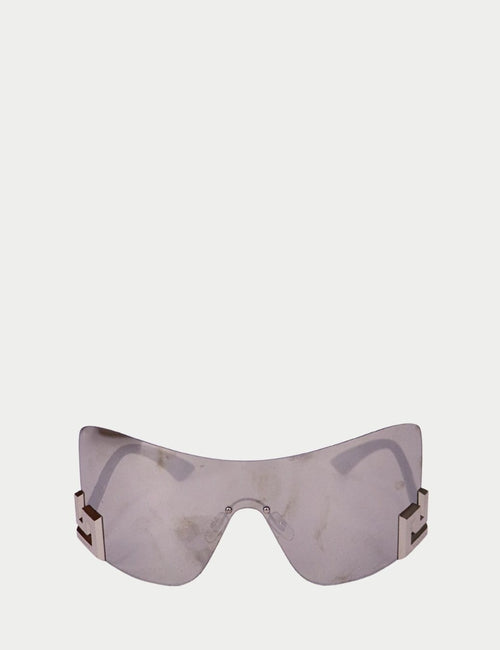 Versace silver shield sunglasses with oversized visor lens and black arms, featuring Greek-key inspired metal detail