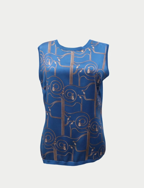 Versace Collection blue sleeveless top with gold baroque swirl print