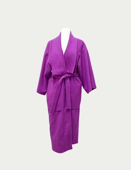 Versace Collection purple wool maxi coat with belted kimono silhouette and open front