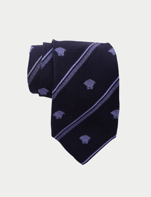Versace navy silk tie with light blue Medusa head and Greek Key motif pattern