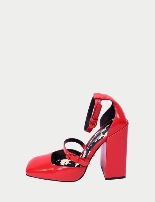 Versace red leather Mary Jane pumps with double straps and block heel