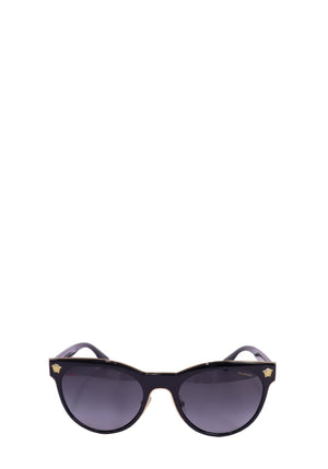 Versace black polarized cat-eye sunglasses with dark gradient lenses and gold-tone Medusa logo accents