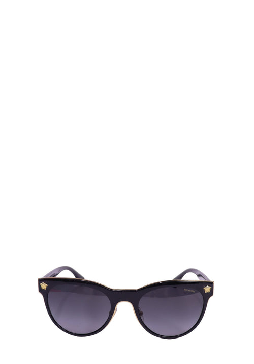 Versace black polarized cat-eye sunglasses with dark gradient lenses and gold-tone Medusa logo accents