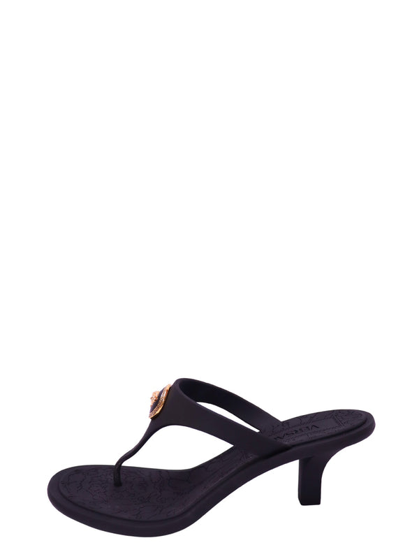 Versace black heeled thong sandals with gold-tone Medusa emblem and low heel