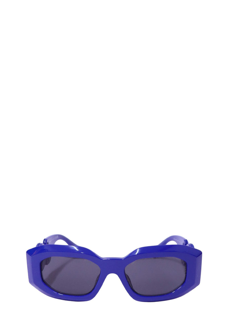 Authentic Versace Medusa Biggie blue acetate sunglasses featuring signature Medusa medallion temples and dark grey lenses.