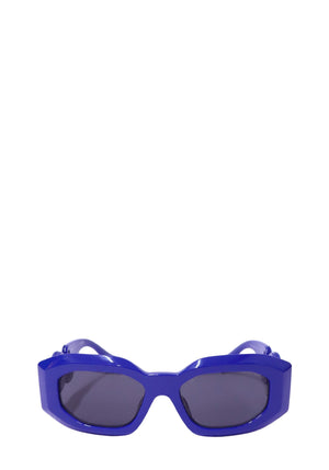 Authentic Versace Medusa Biggie blue acetate sunglasses featuring signature Medusa medallion temples and dark grey lenses.
