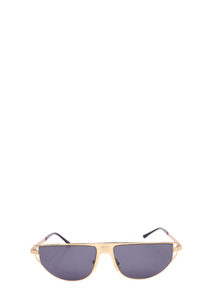 Versace gold-tone shield sunglasses with dark grey lenses, Greca-pattern temples, and adjustable nose pads.
