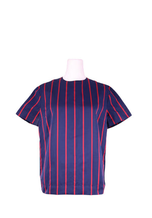 Victoria Beckham navy knit top with red vertical stripes and short sleeves