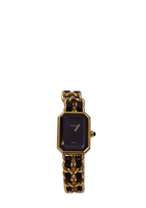 Vintage Chanel Première gold-tone watch with quilted chain-link and leather strap, black dial