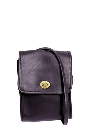 Vintage Coach black leather messenger crossbody bag with brass turn-lock closure and adjustable shoulder strap