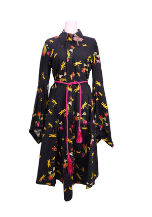 Vivetta Alimede black shirt dress featuring colorful dragonfly and floral print, bell sleeves, and a fuchsia rope tassel belt
