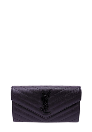Authentic Saint Laurent black Grain de Poudre leather envelope wallet featuring chevron quilting and a black YSL Cassandre logo