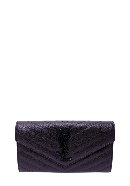Authentic Saint Laurent black Grain de Poudre leather envelope wallet featuring chevron quilting and a black YSL Cassandre logo