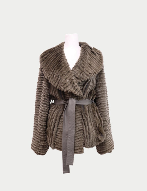 Yves Salomon taupe fur jacket with ribbed texture, wide collar, and leather belt