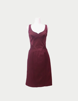 Zac Posen sleeveless maroon knee-length dress with fitted bodice and structured panel detailing