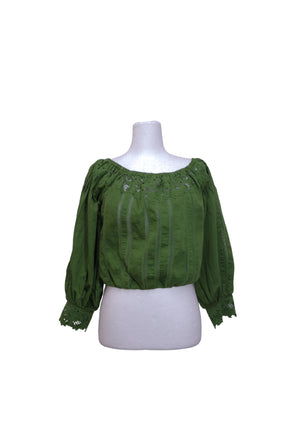 Alice + Olivia green embroidered off-shoulder cotton blouse with floral cutwork detailing, ladder-lace panels, and three-quarter lantern sleeves.