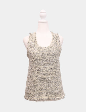 Balenciaga neutral tweed knit tank top with raw-edge fringe and sleeveless silhouette.


