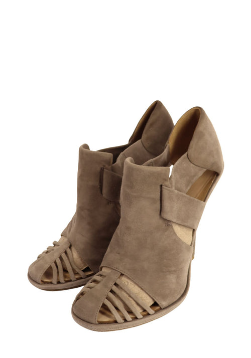 Balenciaga beige suede cut-out sandal heels with fringe detail and open toe design