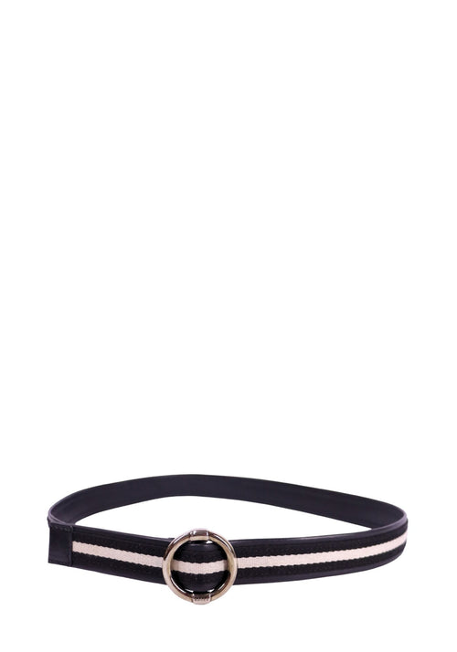 Bally black leather belt with white stripe detail and silver circular buckle