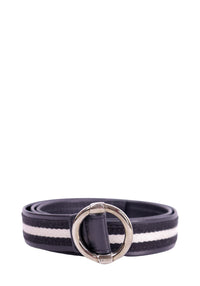 Bally black leather belt with white stripe detail and silver circular buckle