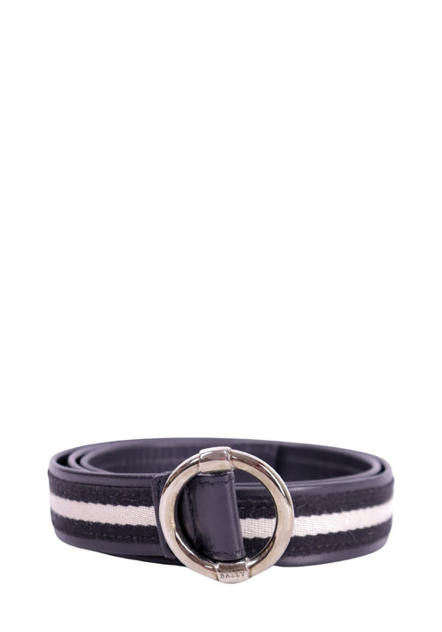 Bally black leather belt with white stripe detail and silver circular buckle