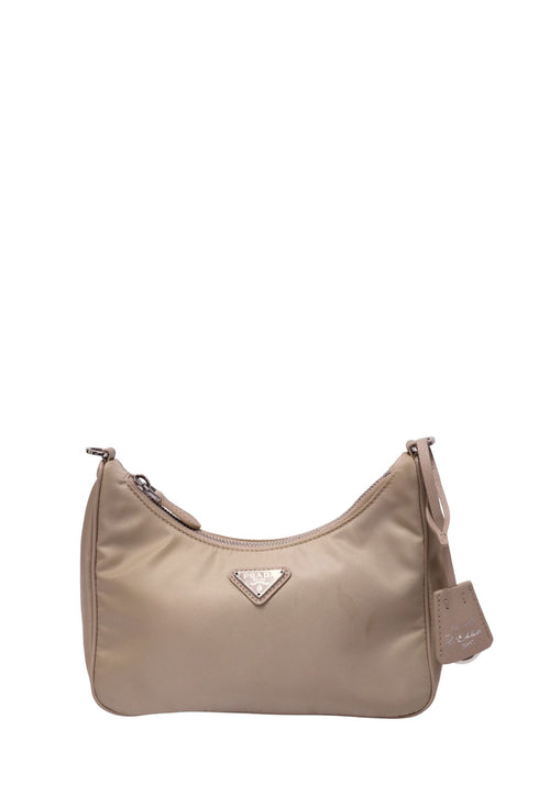 Prada beige nylon shoulder bag with adjustable jacquard logo strap, silver-tone hardware and detachable matching mini pouch