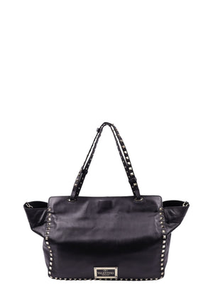 Valentino Garavani Rockstud black leather tote bag with silver studs and shoulder straps