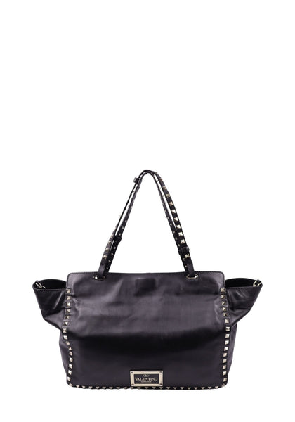 Valentino Garavani Rockstud black leather tote bag with silver studs and shoulder straps
