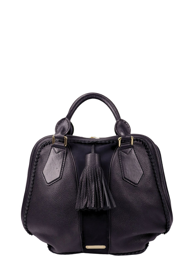 Burberry black leather satchel bag with tassel detail, braided trim accents, and rounded top handles.