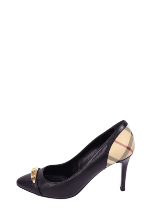 Burberry black leather pointed-toe pumps with signature beige check pattern heel detail and slim stiletto heels.