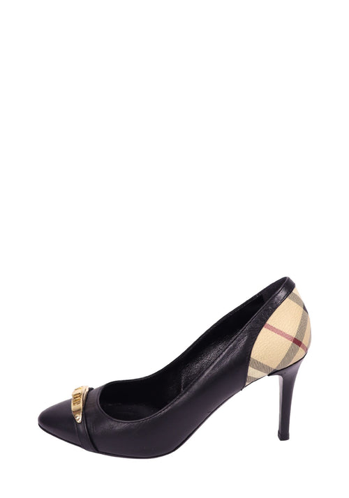 Burberry black leather pointed-toe pumps with signature beige check pattern heel detail and slim stiletto heels.