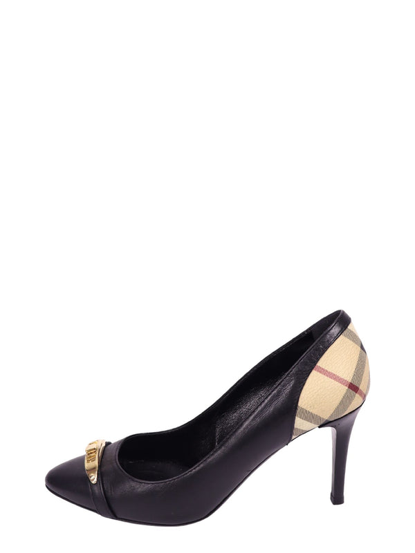 Burberry black leather pointed-toe pumps with signature beige check pattern heel detail and slim stiletto heels.