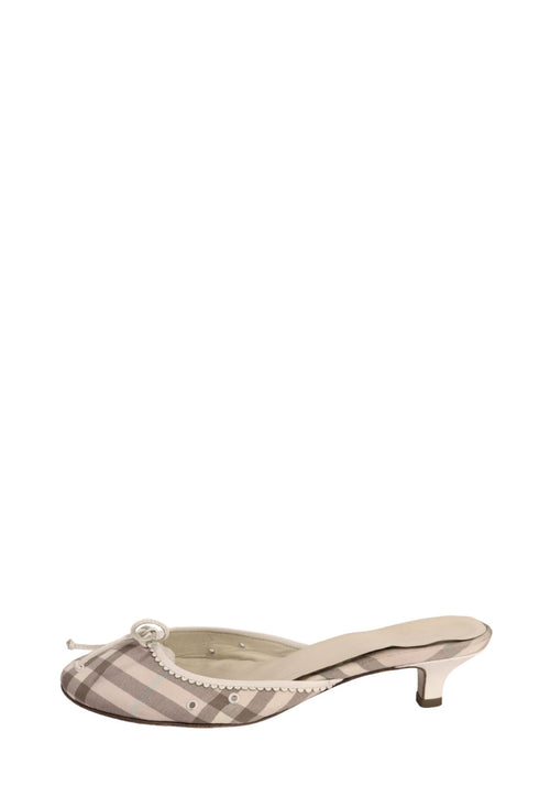 Burberry beige check kitten heel mules with pointed toe and bow detail