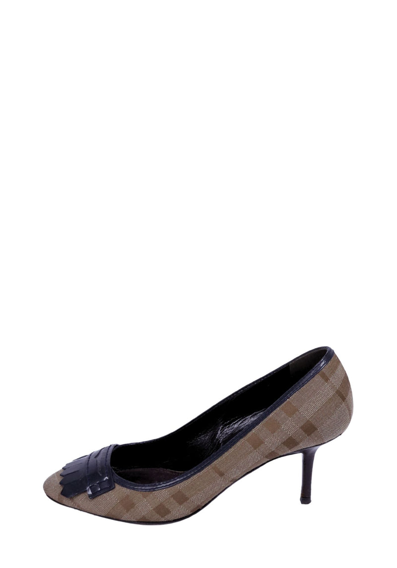 Burberry check canvas kitten heels with black leather trim and tassel detail