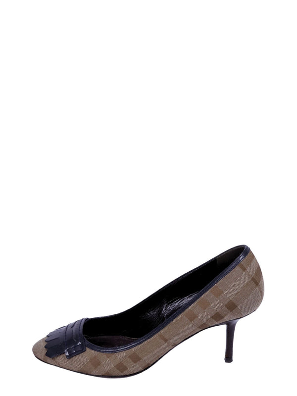 Burberry check canvas kitten heels with black leather trim and tassel detail