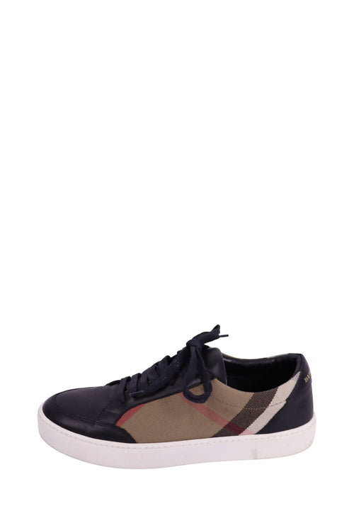 Burberry black leather low-top sneakers with beige signature check canvas panel and white rubber sole