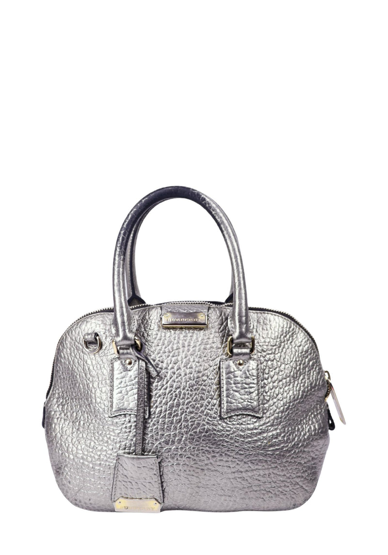Burberry metallic silver pebbled leather satchel bag with structured handles and zip closure