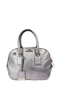 Burberry metallic silver pebbled leather satchel bag with structured handles and zip closure