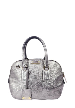 Burberry metallic silver pebbled leather satchel bag with structured handles and zip closure