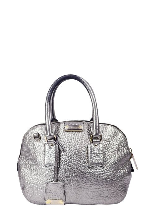 Burberry metallic silver pebbled leather satchel bag with structured handles and zip closure