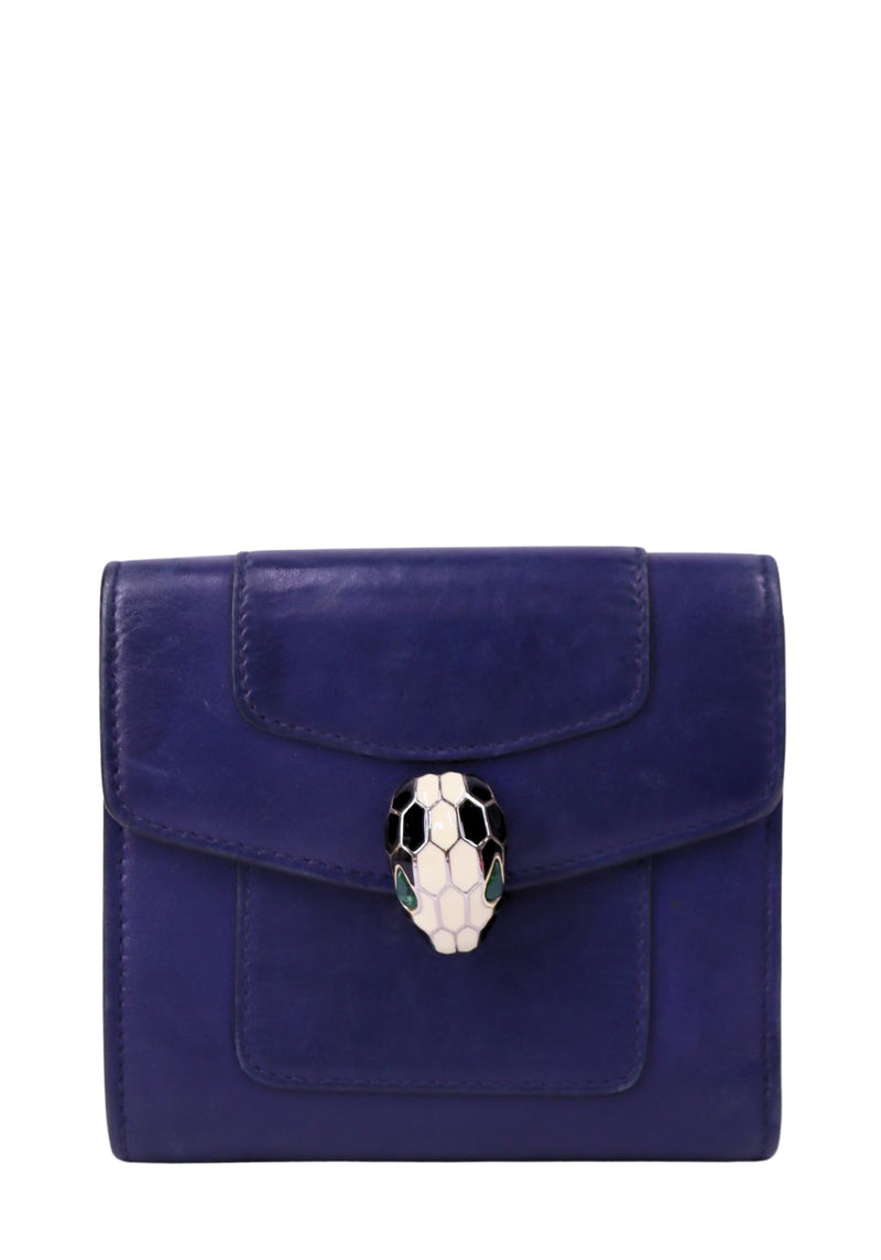 Bvlgari Serpenti cobalt blue leather wallet with iconic snake head clasp and fold-over flap design