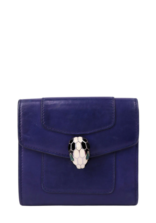 Bvlgari Serpenti cobalt blue leather wallet with iconic snake head clasp and fold-over flap design