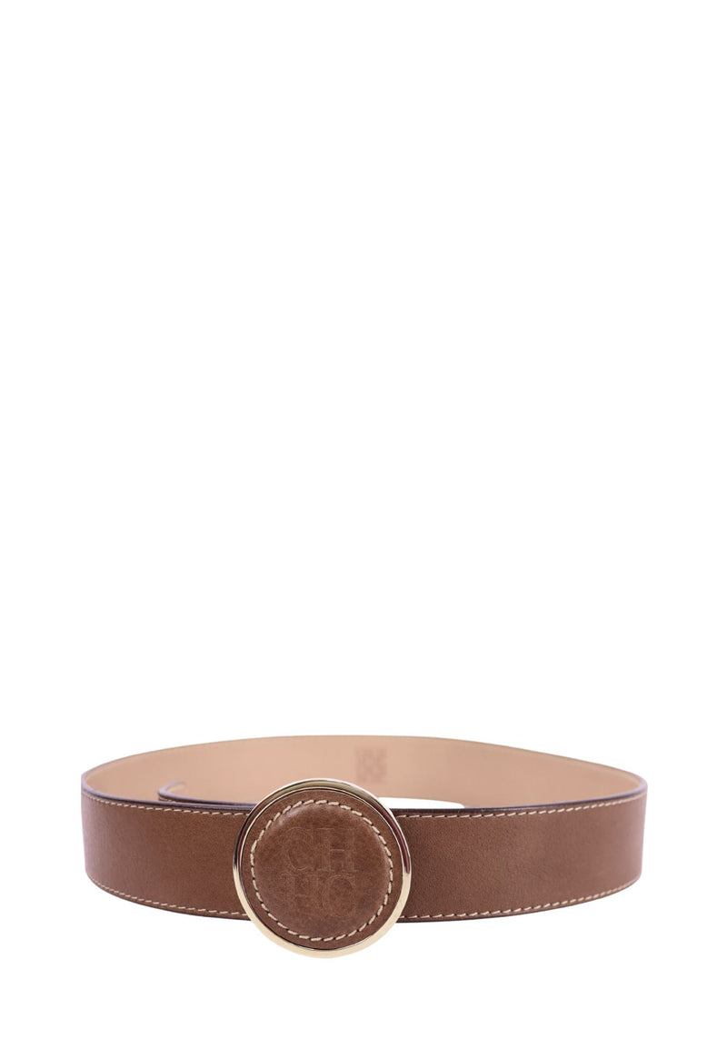 Carolina Herrera brown leather belt with round logo buckle and gold hardware 