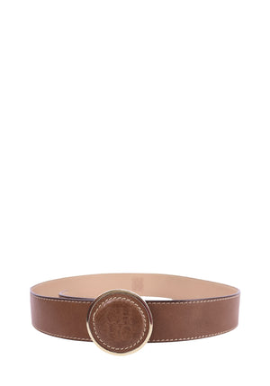 Carolina Herrera brown leather belt with round logo buckle and gold hardware 
