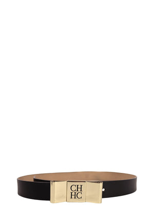 Carolina Herrera black leather belt with gold CH logo buckle