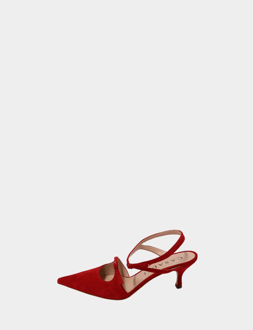 Casadei red suede pointed-toe heels with ankle and instep straps, featuring a mid-height stiletto heel on a plain background.