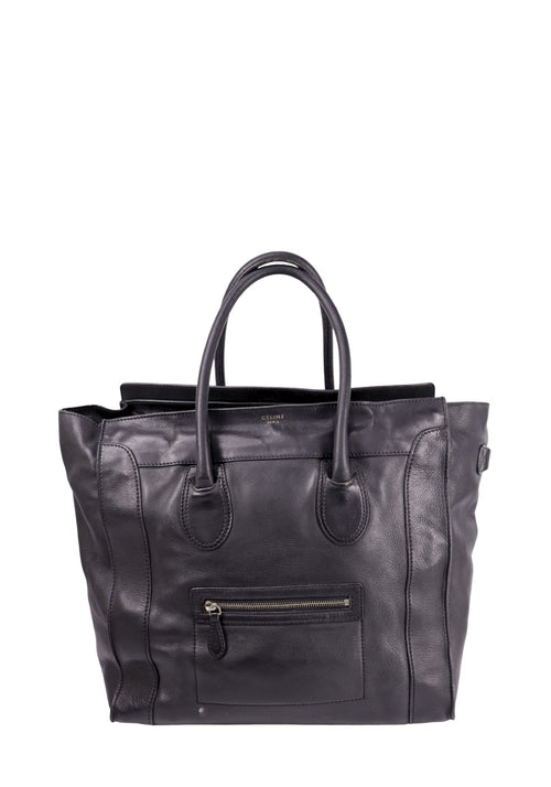 Céline Luggage Tote black leather bag with front zip pocket and top handles