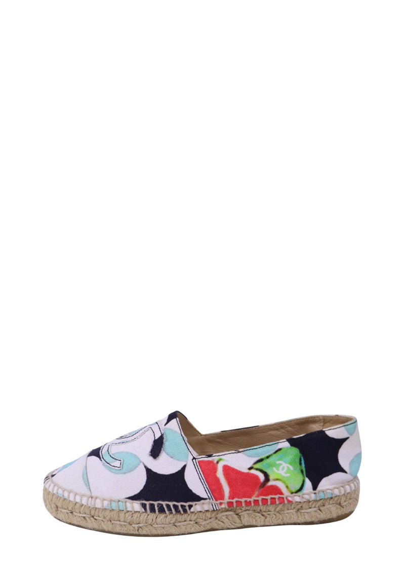 Chanel multicolor printed canvas espadrilles with braided jute sole and abstract floral-inspired design