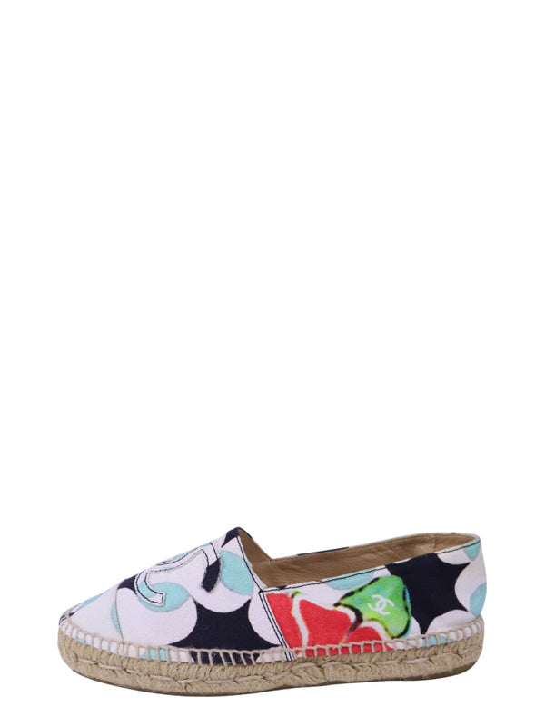 Chanel multicolor printed canvas espadrilles with braided jute sole and abstract floral-inspired design